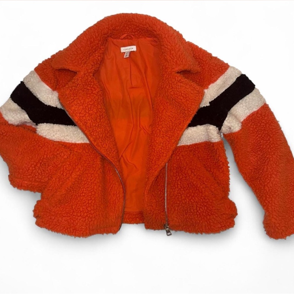 Topshop Borg Orange Sherpa Zip Jacket Cropped Colorblock Cozy Fleece‎ Womens 6